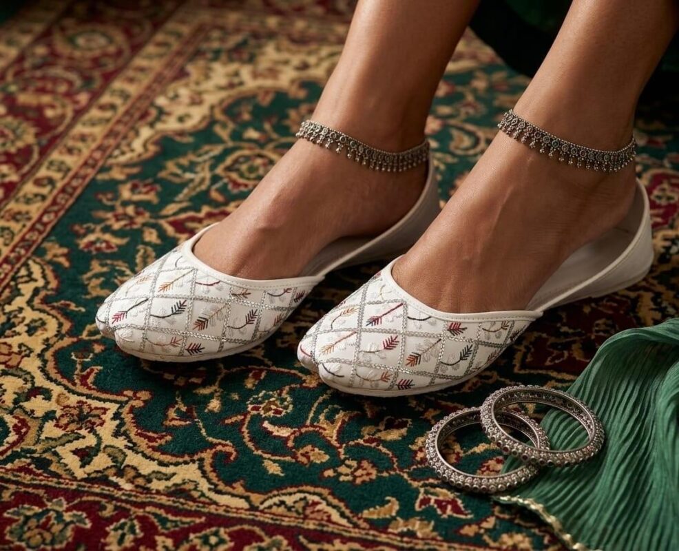 Handcrafted White Tilla Work Jutti for Women – Traditional Ethnic Wear