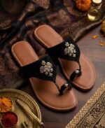Premium Embroidered Black Velvet Kolhapuri Chappal for Women - Fancy Ethnic Slides - Image 2
