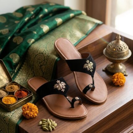 Premium Embroidered Black Velvet Kolhapuri Chappal for Women - Fancy Ethnic Slides