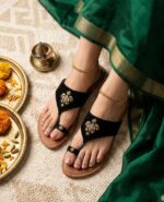 Premium Embroidered Black Velvet Kolhapuri Chappal for Women - Fancy Ethnic Slides - Image 3